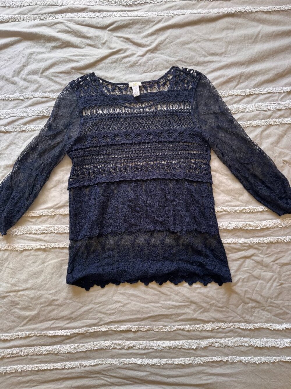 Chico’s Black Layered Crochet Lace Mesh Long Sleeve Top 0 Small S